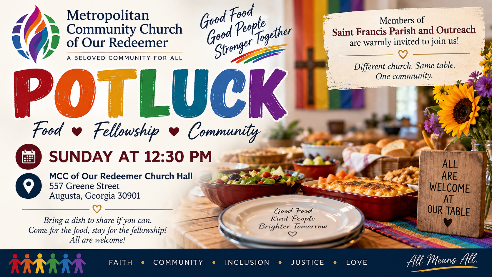 Potluck invitation flyer from MCC of Our Redeemer for Saint Francis Parish and Outreach members, Sunday 12:30 PM at 557 Greene Street, Augusta, GA — 'Different church. Same table. One community.'