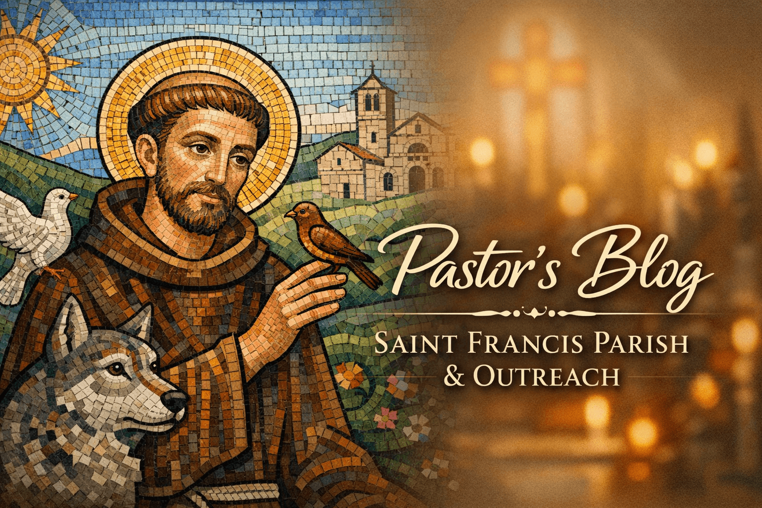 Mosaic of Saint Franics that reads Pastor's Blog Saint Francis Parish & Outreach