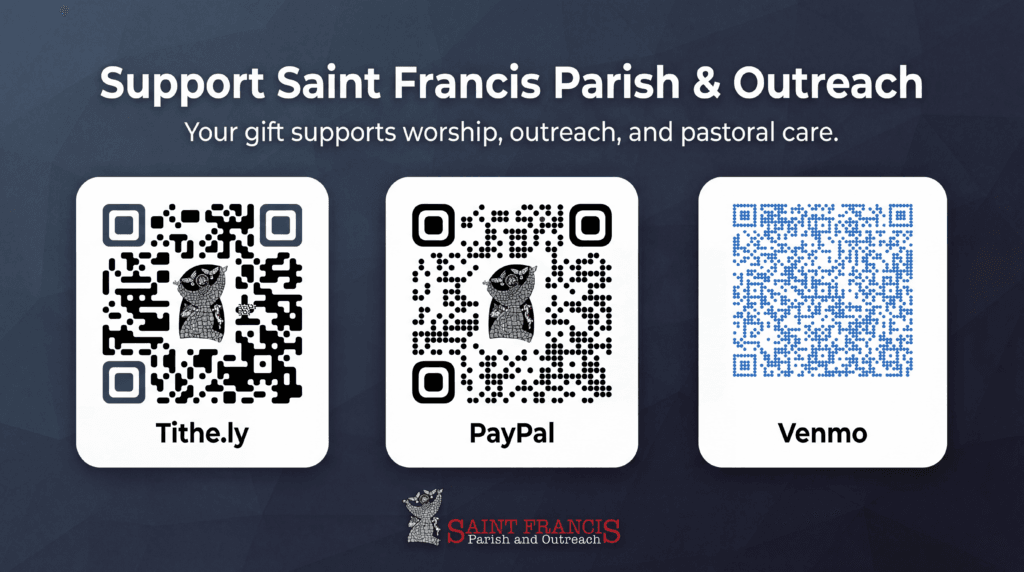 Donation image with QR codes for Tithe.ly, PayPal, and Venmo